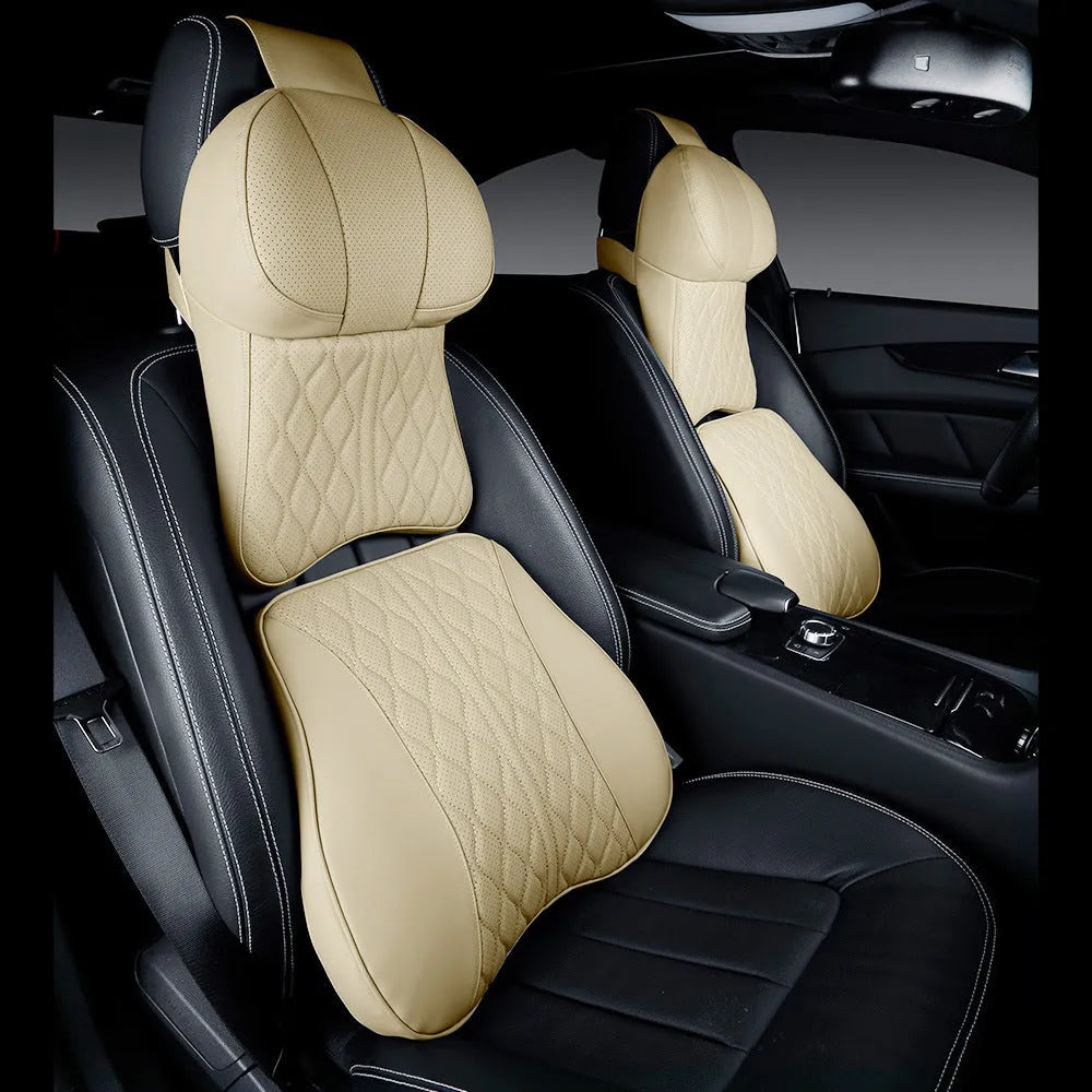 Car neck pillow and lumbar support set with wave embroidery pattern in coordinating colours