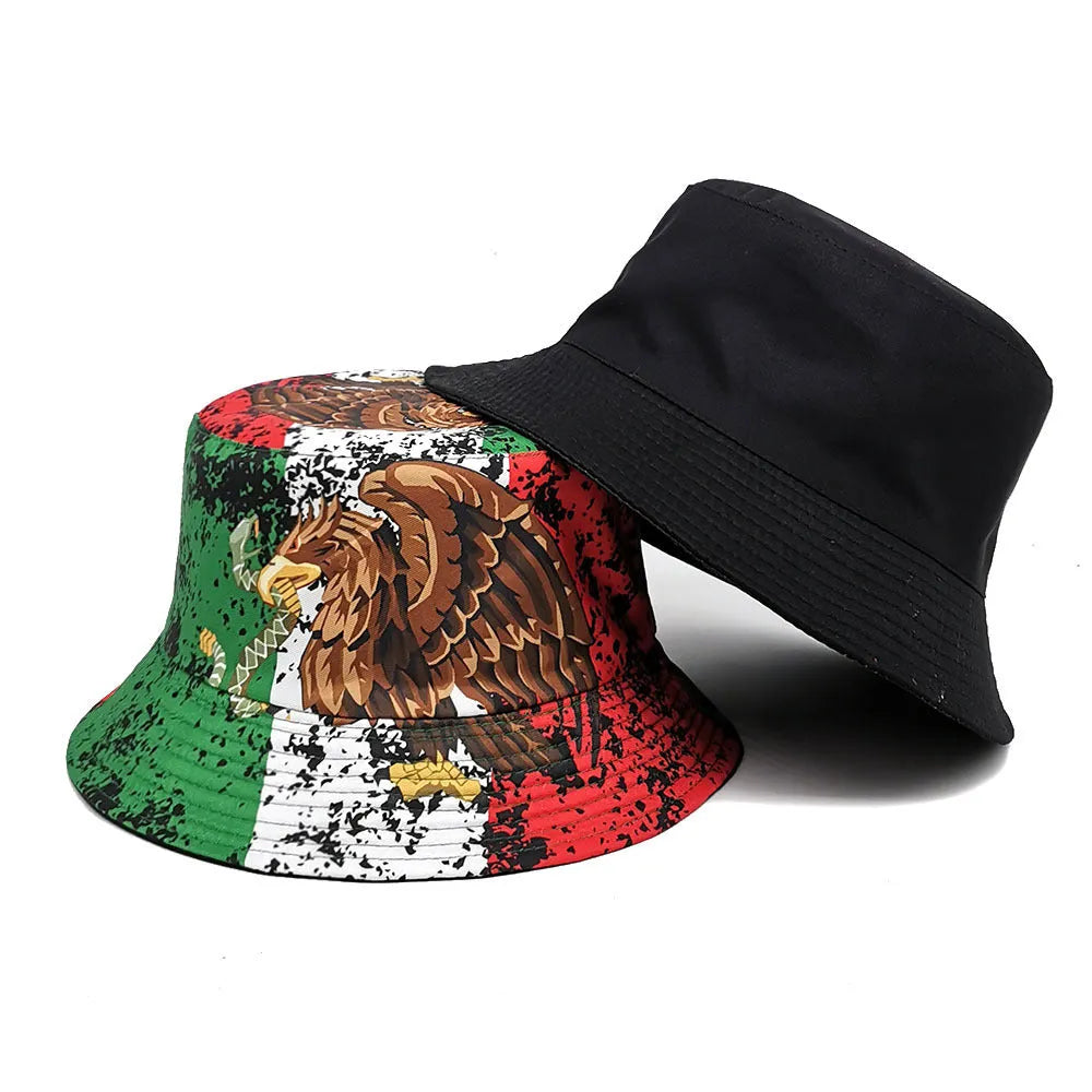 Retro-style bucket hat with eagle pattern, dome crown, in polyester fabric.