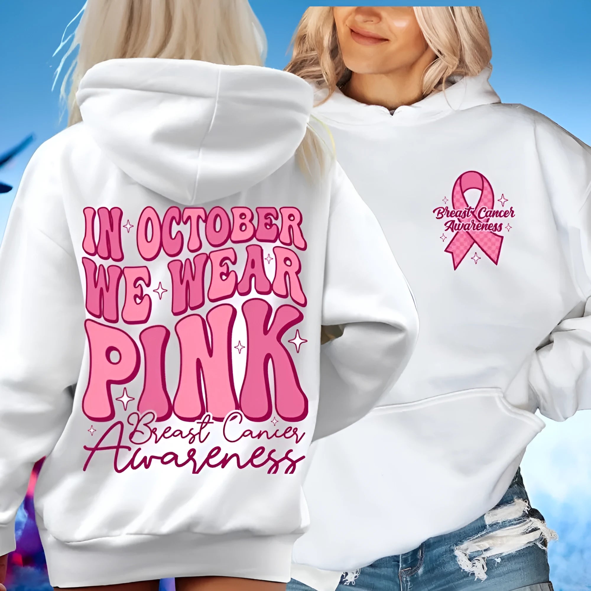 Breast Cancer awareness pullover hoodie with retro pattern and side seam pockets in a chosen colour