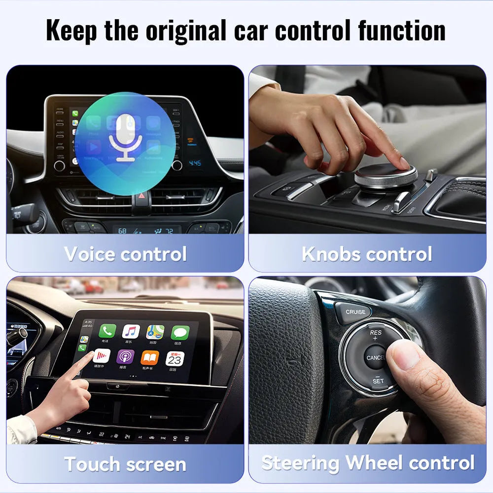 Black wireless Apple CarPlay USB adapter measuring 26x55mm for car smartphone connectivity