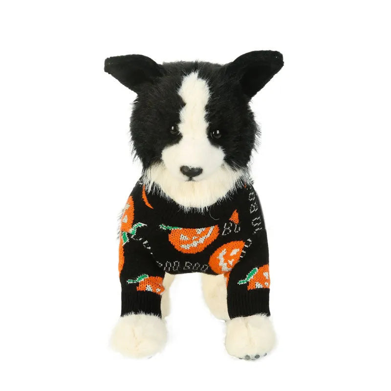 Black Halloween dog sweater with orange knitted pumpkin pattern on a mannequin, sizes S to XXL.