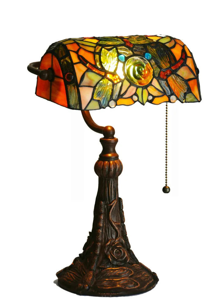 10-inch Tiffany stained glass table lamp with coloured shade on resin base for desk lighting