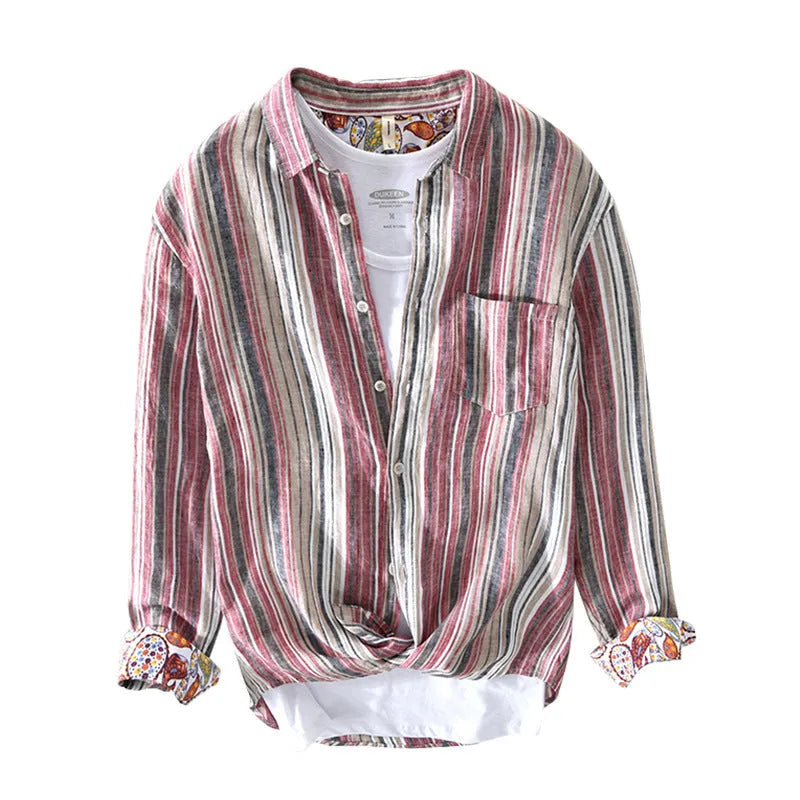 Men's casual striped linen shirt with long sleeves in loose fit for summer wear