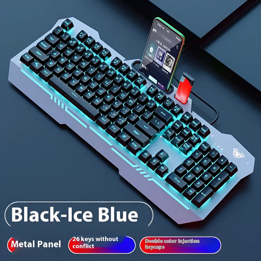 Black and white mechanical gaming keyboard with metal construction, mouse, and headset wired bundle