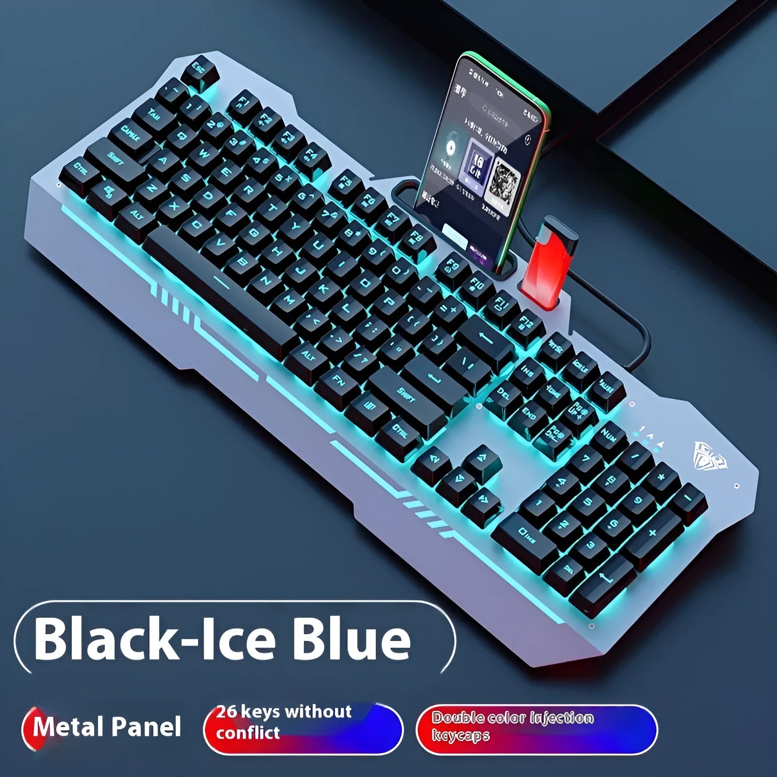 Black and white mechanical gaming keyboard with metal construction, mouse, and headset wired bundle