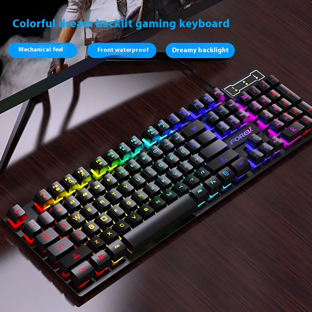Black portable 104-key backlit gaming keyboard and mouse set on a desk.