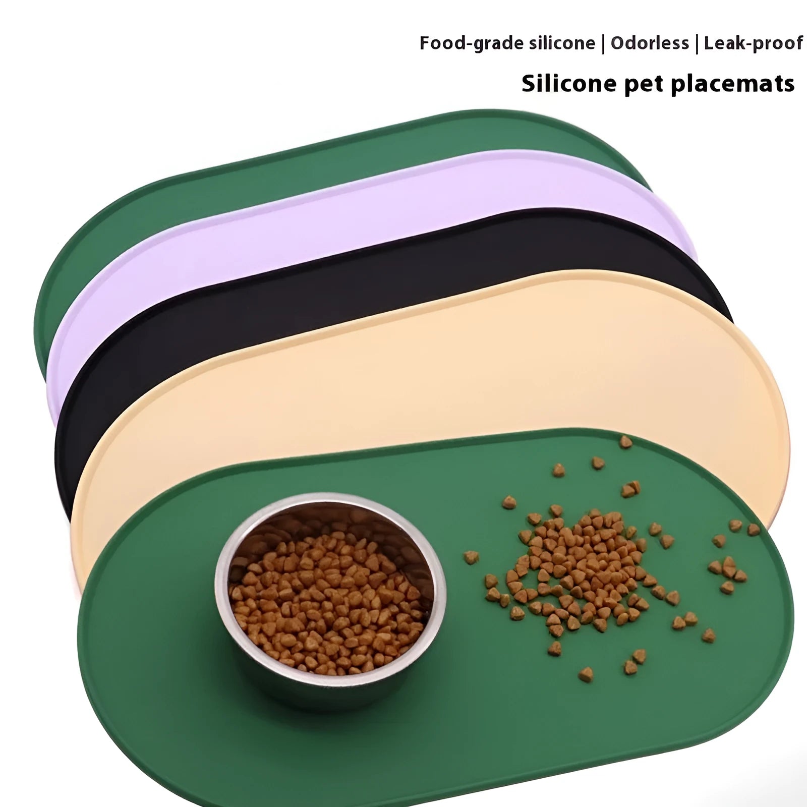 Silicone waterproof placemat for cat food and water bowls in beige colour on a wooden floor.