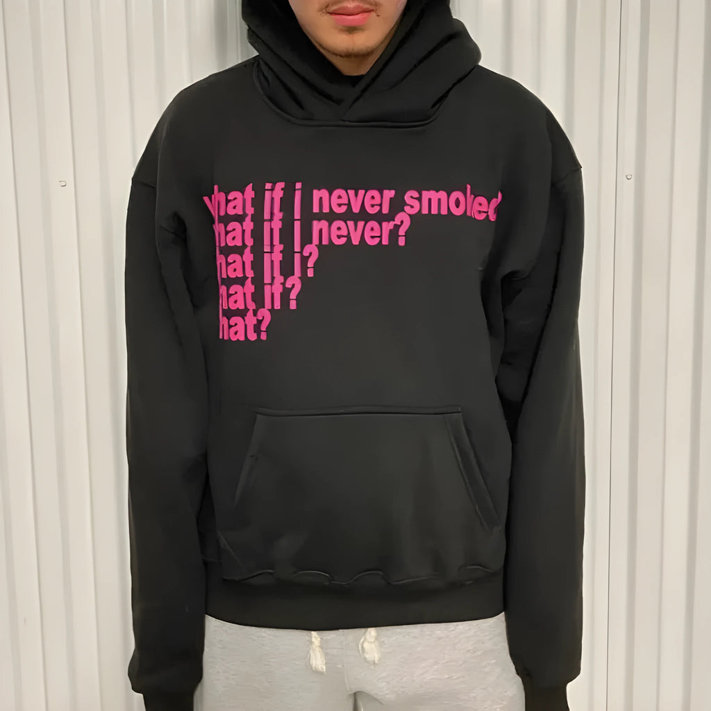 Black hooded sweater with white letter print pattern showing front view with hood up