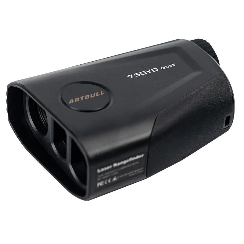 A rechargeable golf laser rangefinder with LCD display, shown with its Type-C charging cable.