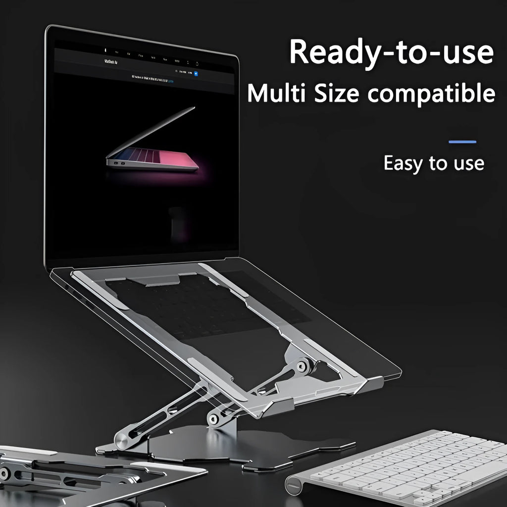 Grey aluminium laptop stand with adjustable angle and folding portable design