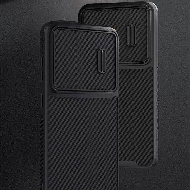 Black carbon fibre pattern phone case for Samsung S23 Ultra with rear lens cover closed.