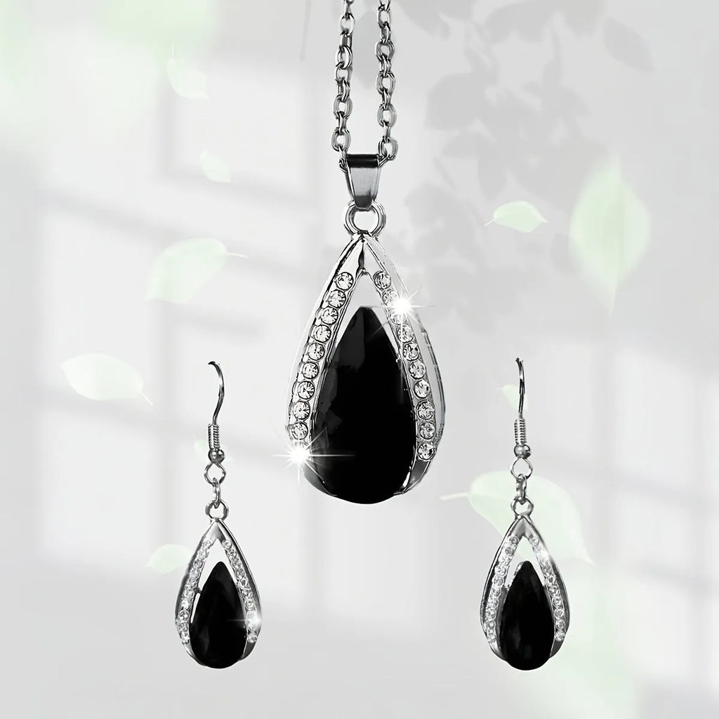 Black and red teardrop pendant necklace with matching earrings in alloy