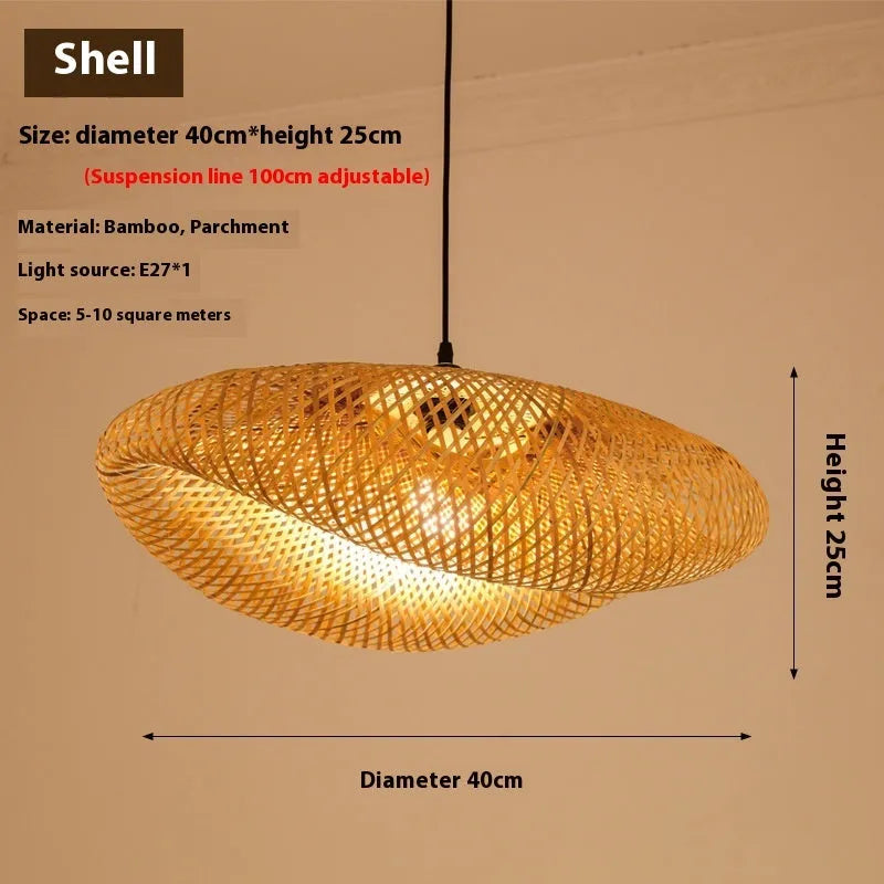 Chinese Zen style bamboo chandelier with a 40cm diameter shell for tea room lighting.