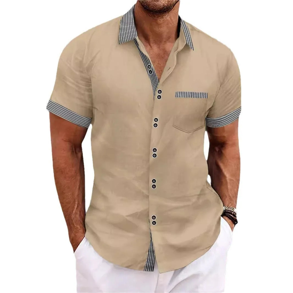 Man wearing a striped, slim fit, pure cotton short sleeve shirt with a double button front in a light blue colour.
