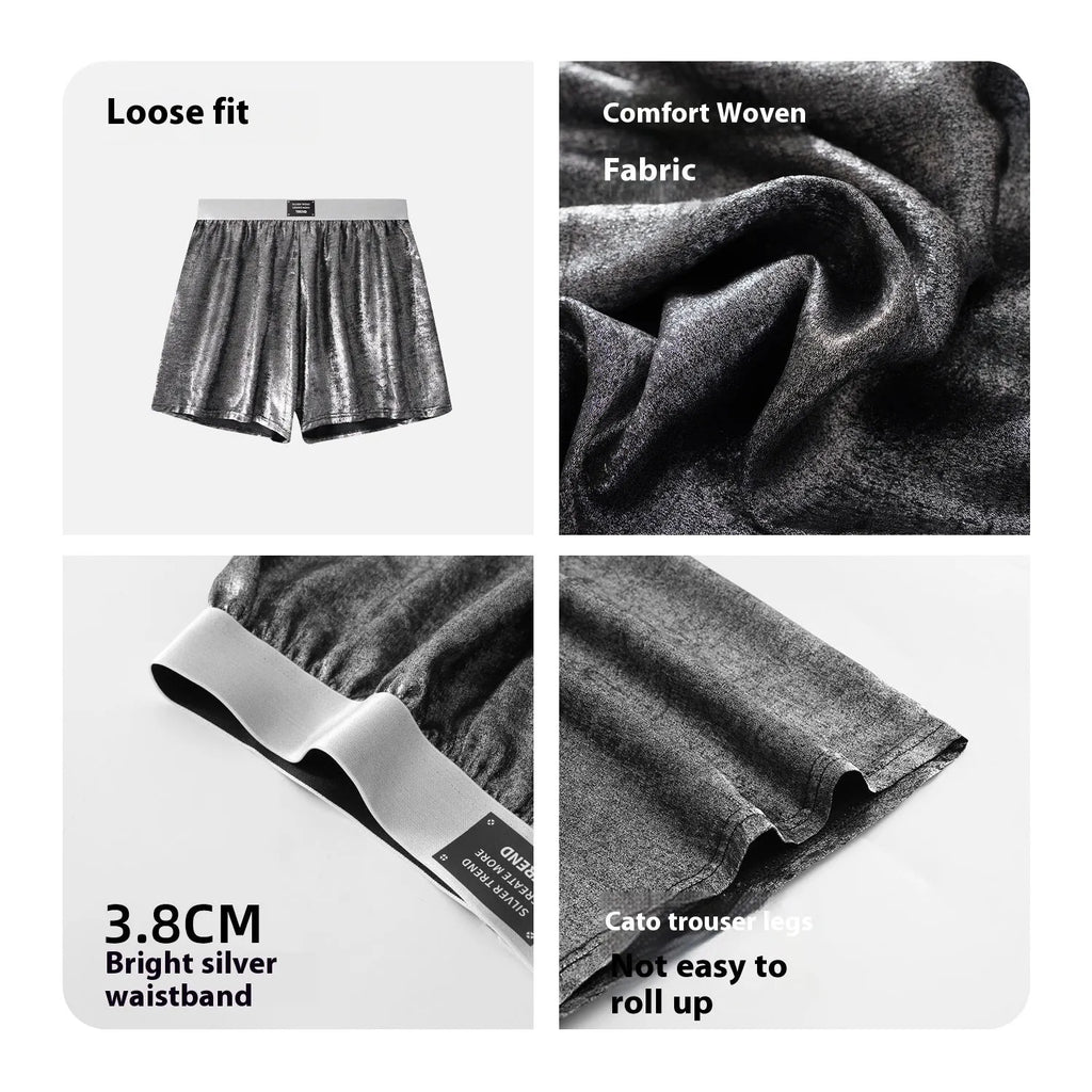 Men's bright silver reflective loose sports boxers in red, black, silver, and multicolour options.
