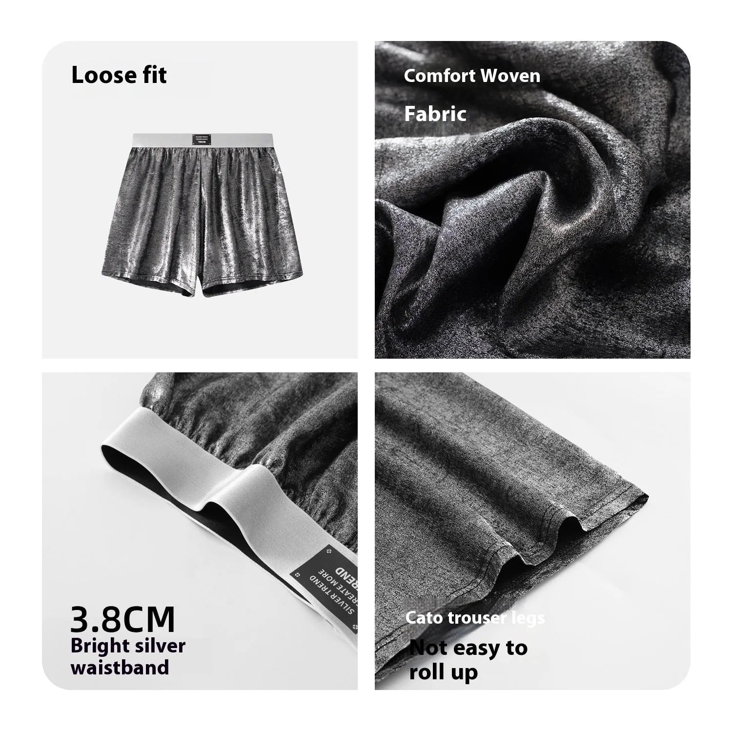 Men's bright silver reflective loose sports boxers in red, black, silver, and multicolour options.