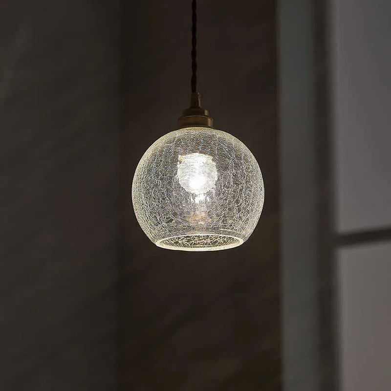 Retro brass glass ball chandelier with copper body and spherical shade in three light colour options