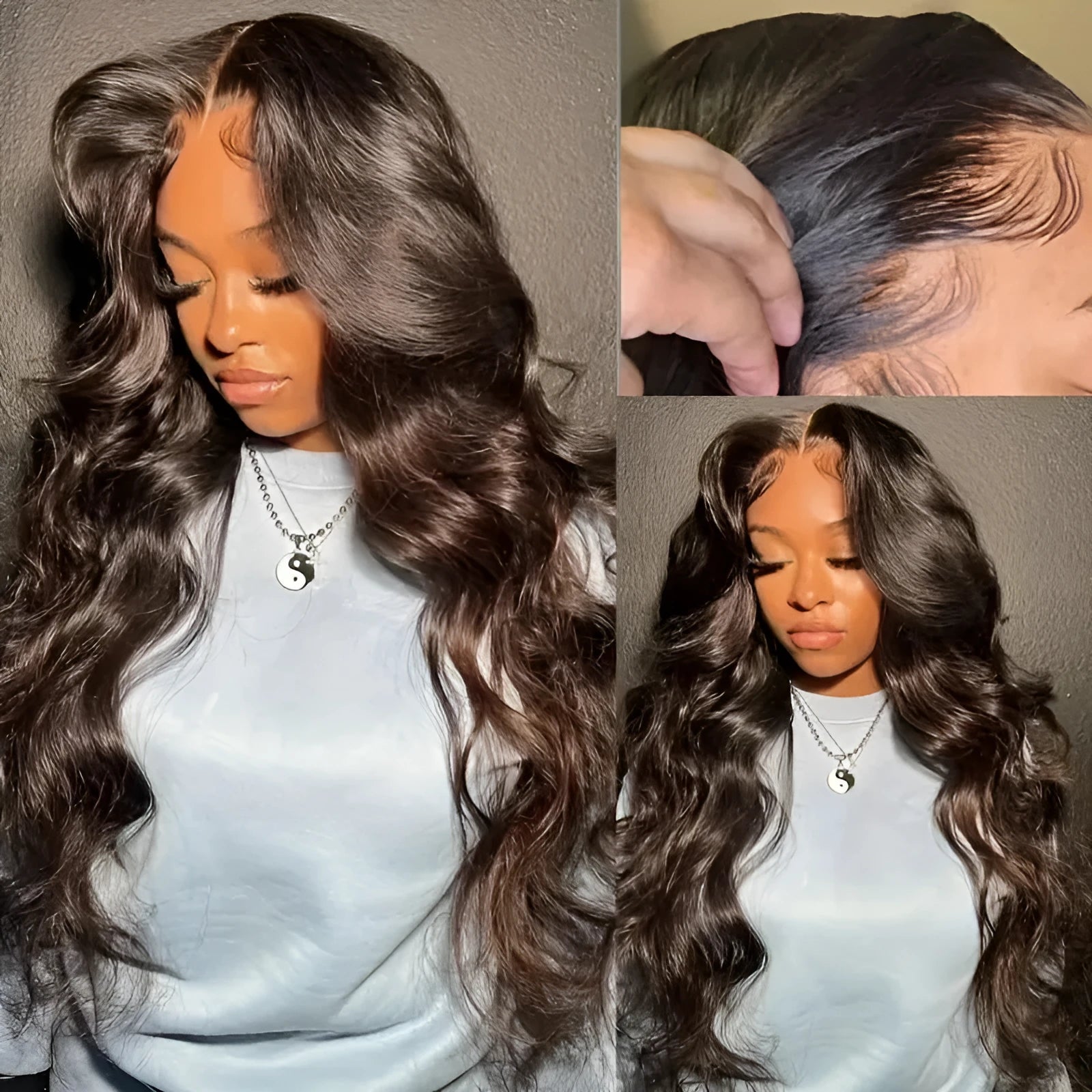 Women's dark brown long curly front lace wig with side bangs on a mannequin head.