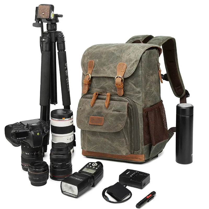 Canvas DSLR camera backpack in khaki colour showing multi-functional design for photography equipment