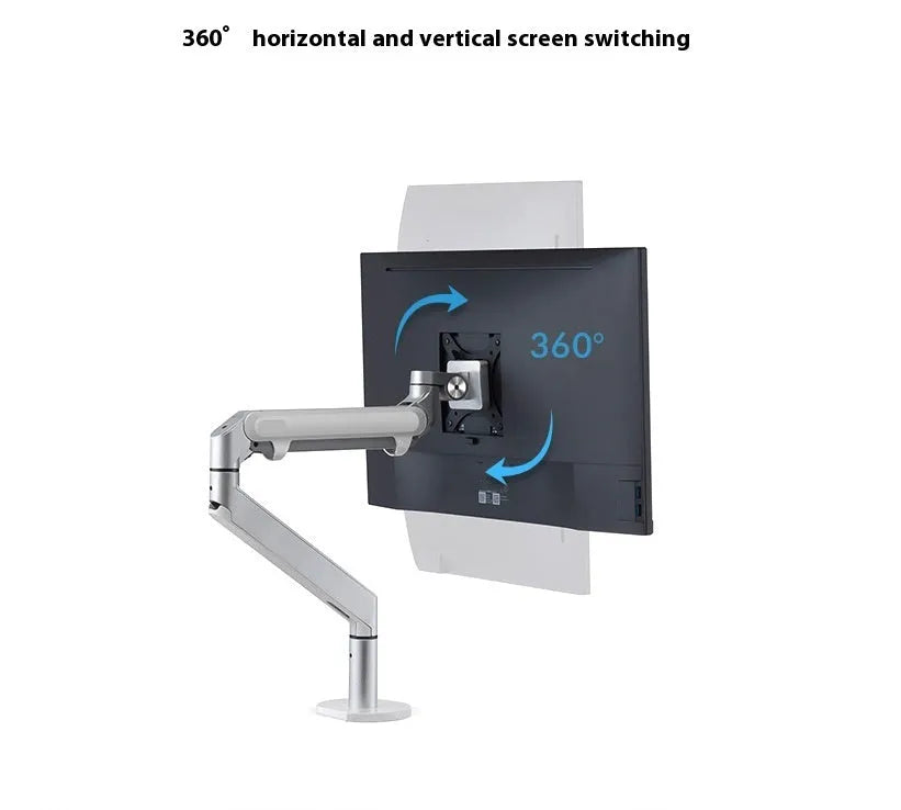 Silver aluminium hover arm laptop stand with adjustable height mechanism on wooden desk