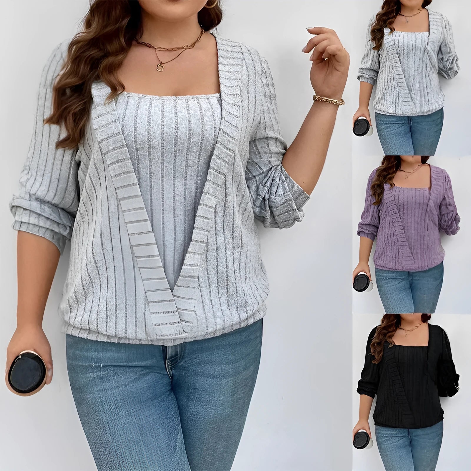 Women's solid colour rib fabric false two-piece suit with V-neck and long sleeves in loose fit