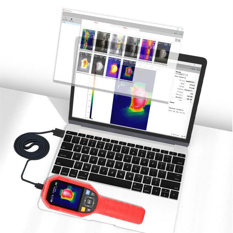 UTi series handheld infrared thermal imager with display screen shown alongside USB cable and storage card.