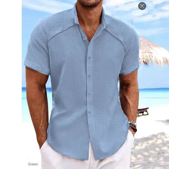 Men's solid colour casual short sleeve shirt in cotton blend fabric on a hanger.