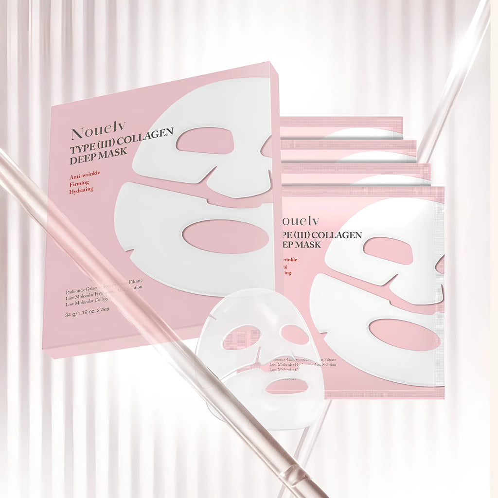 Box containing four white collagen layered patch sheet masks for facial skincare.