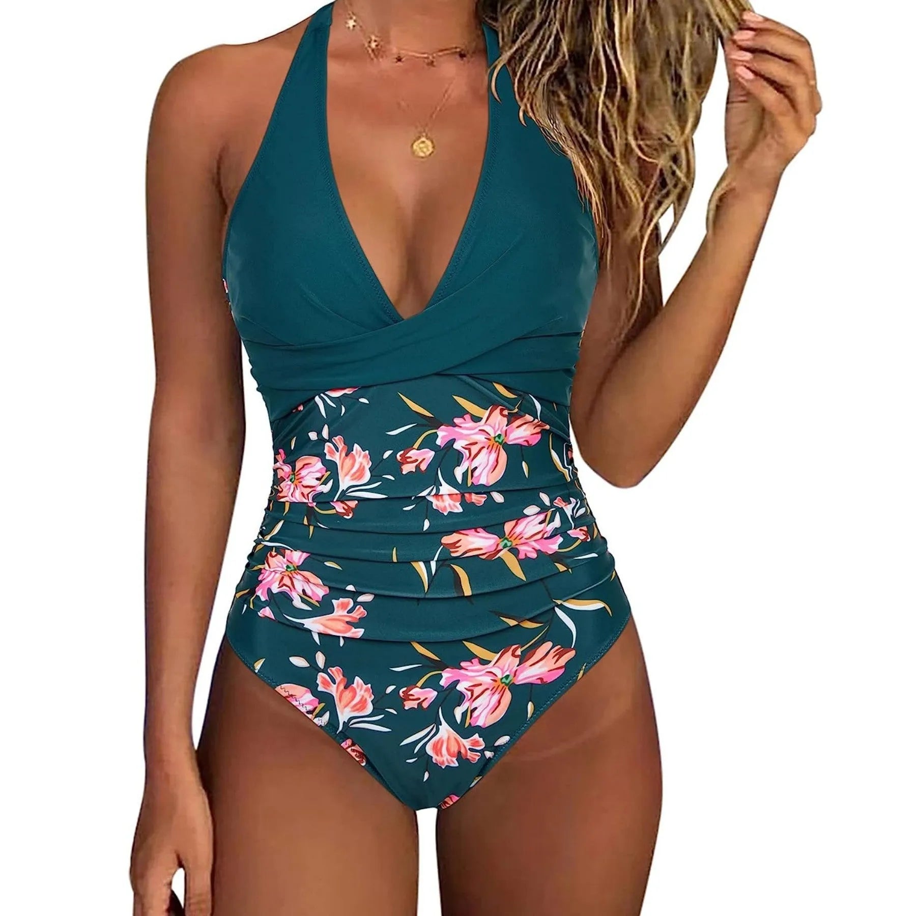 Women's printed one-piece bikini swimsuit with lace-up detail and backless gathered design in floral pattern.
