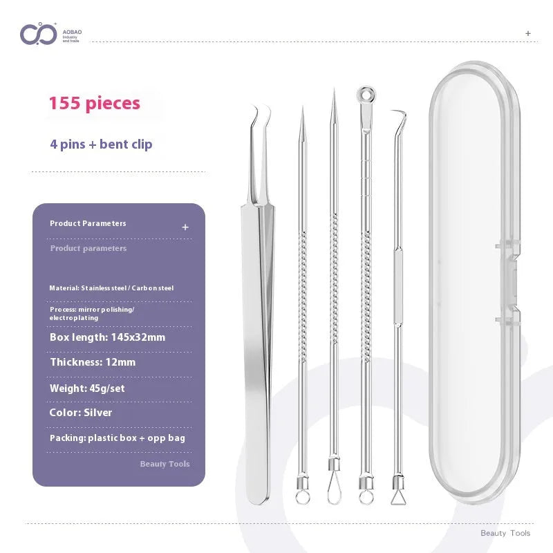 Four metal acne needles with ultra-fine pointed tips laid out in a set.