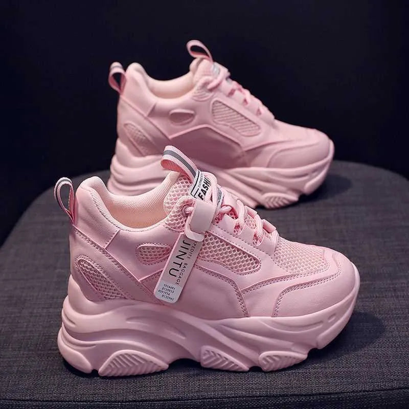 Women's mesh platform casual shoes with breathable hollow-out design and TPR sole