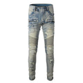 Light blue men's slim fit jeans with hand-frayed distressing and beggar-style details
