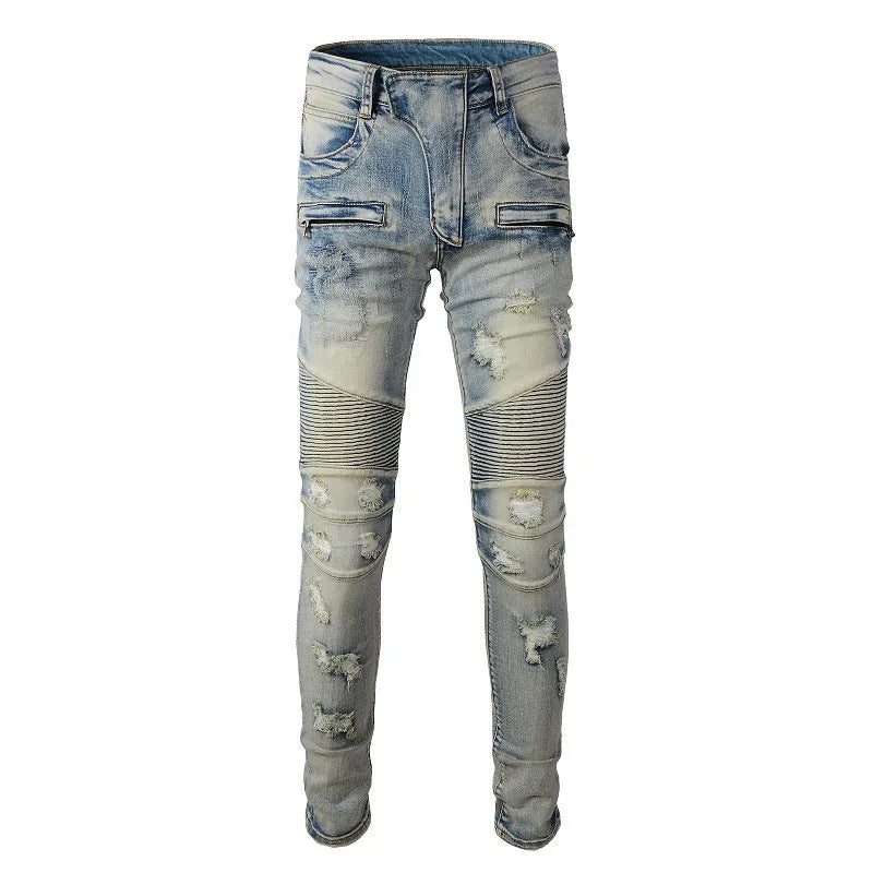 Light blue men's slim fit jeans with hand-frayed distressing and beggar-style details