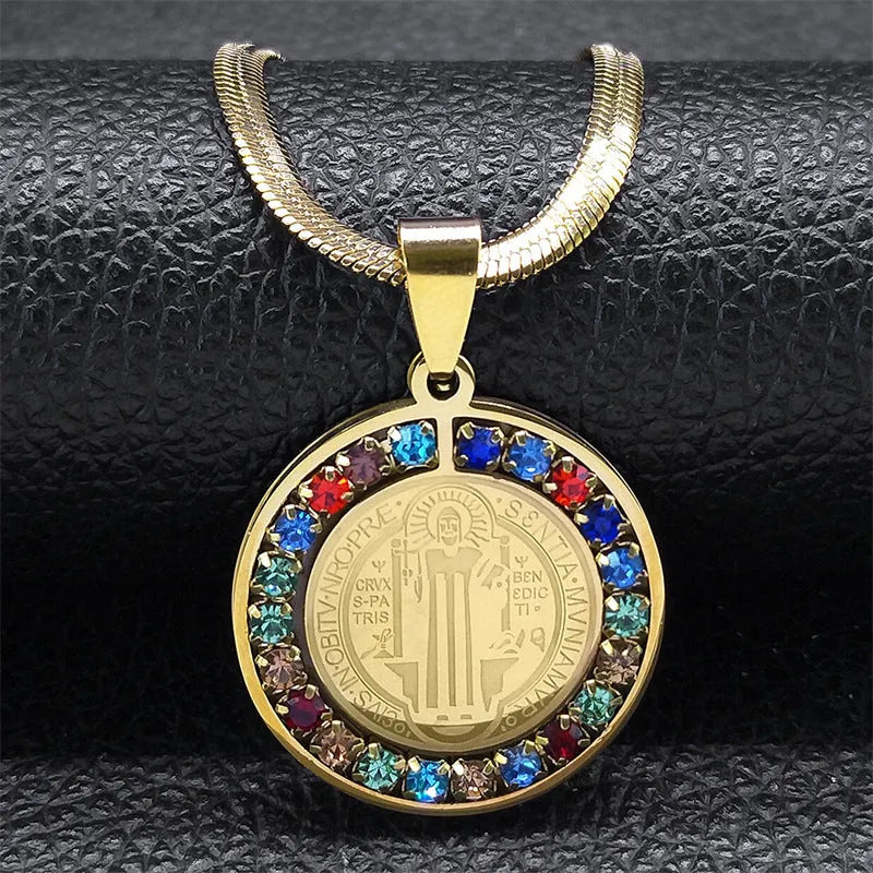 Stainless steel Saint Benedict medal pendant on a 50cm blade chain in gold finish