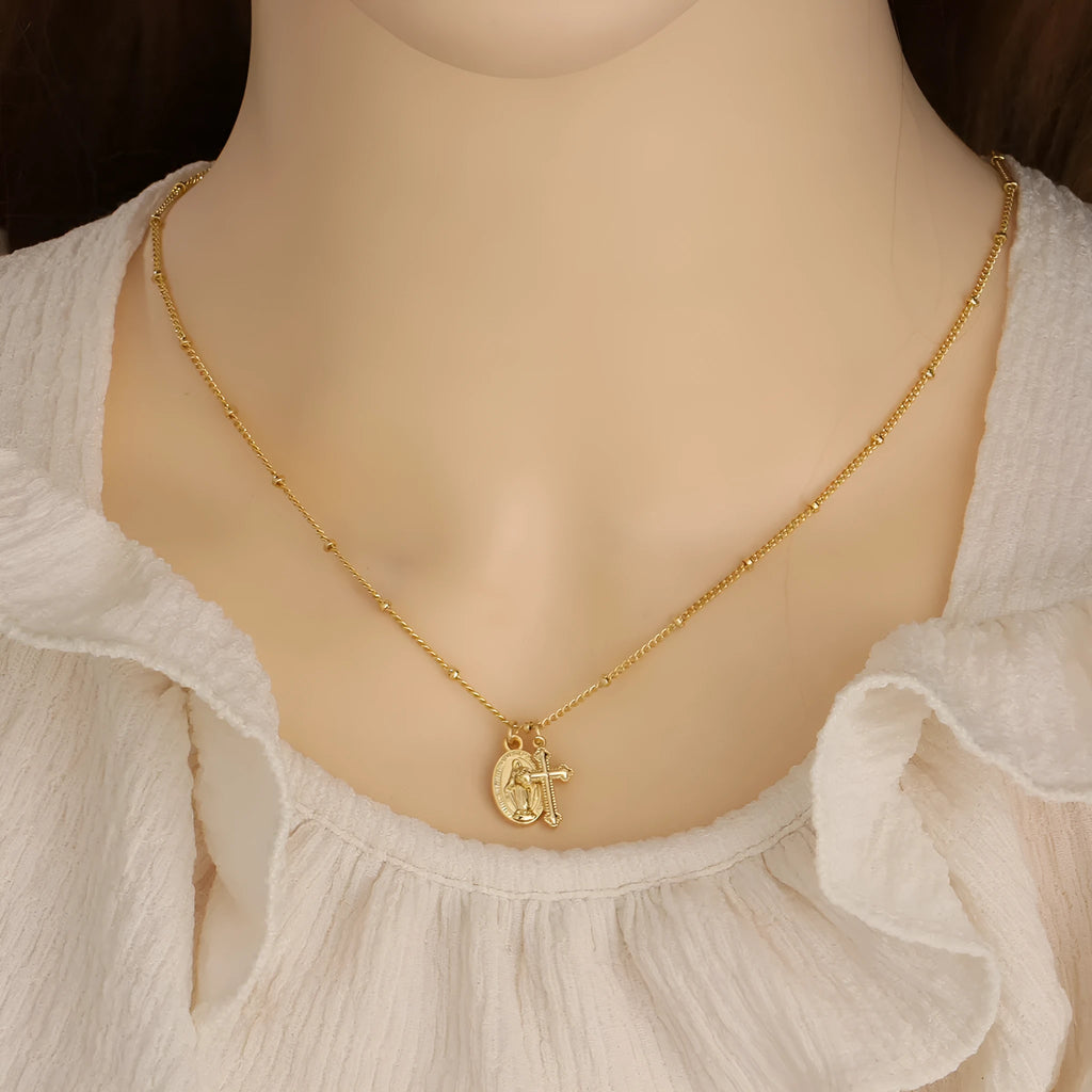 Gold ornament cross Virgin Mary necklace with simple geometric pendant design for women