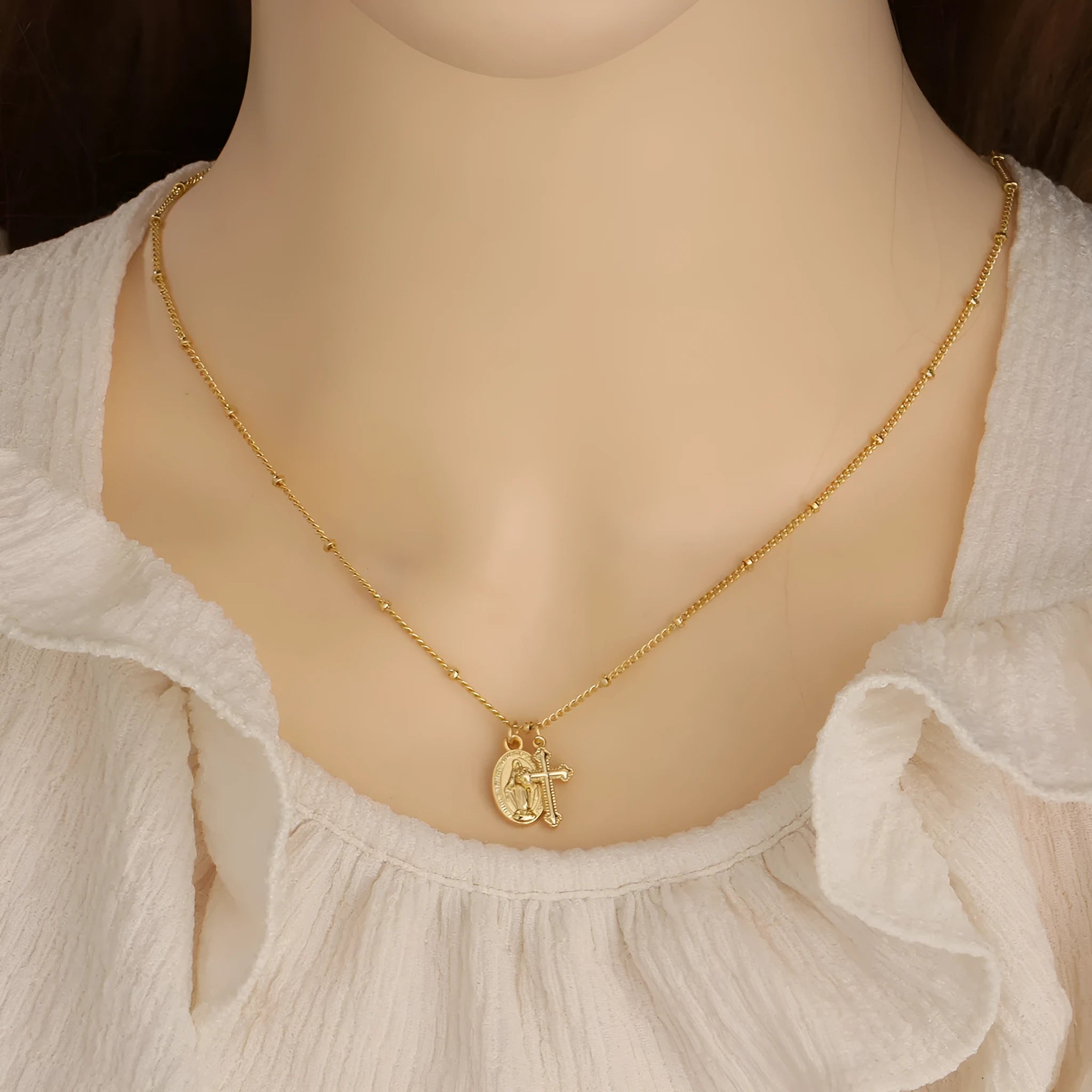 Gold ornament cross Virgin Mary necklace with simple geometric pendant design for women