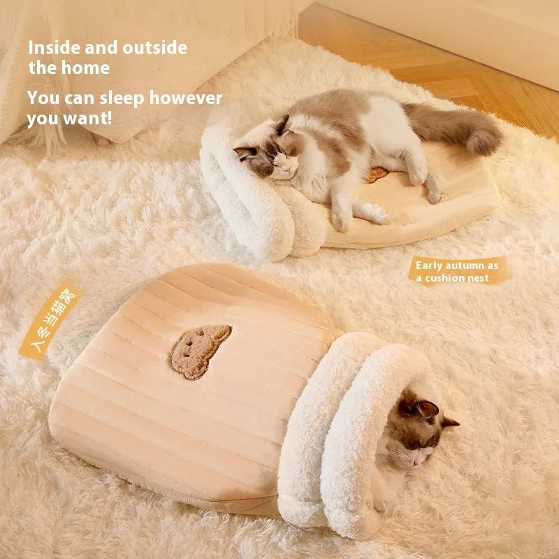 Warm cat sleeping bag with PP cotton filling and fleece exterior in blue grey colour