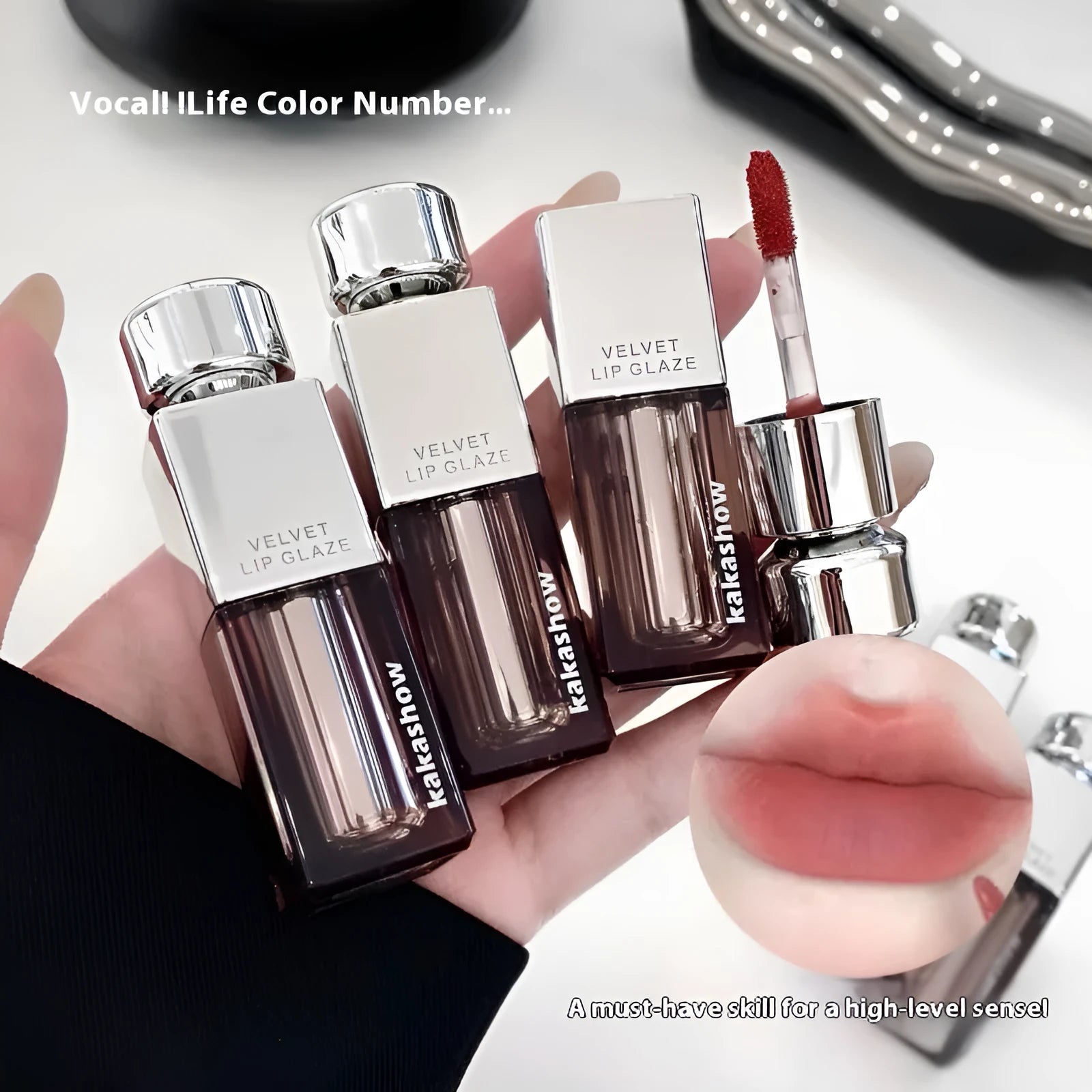 Kakashow lock colour velvet lipstick bullet in matte finish showing one of six available shades.