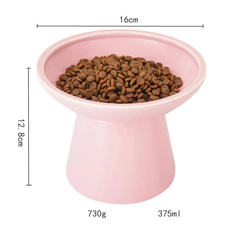 White ceramic elevated cat bowl with wide shallow dish on wooden floor