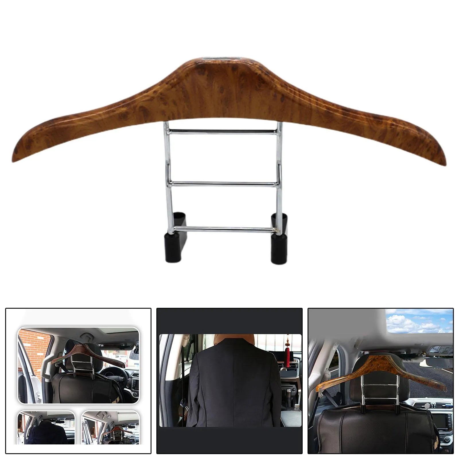 Wood yellow stainless steel car clothes hanger hanging a suit jacket