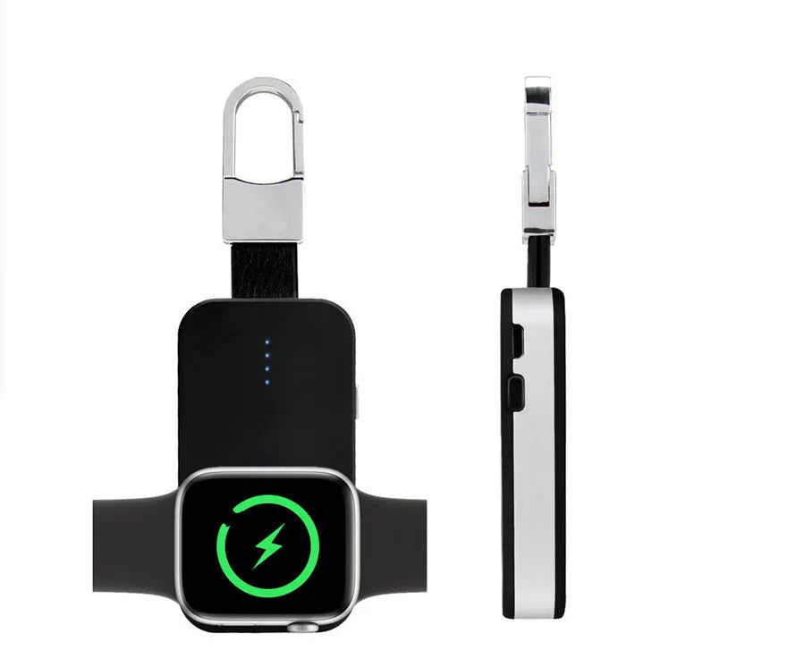 Black Apple Watch portable wireless charger keychain with USB port on a keyring.
