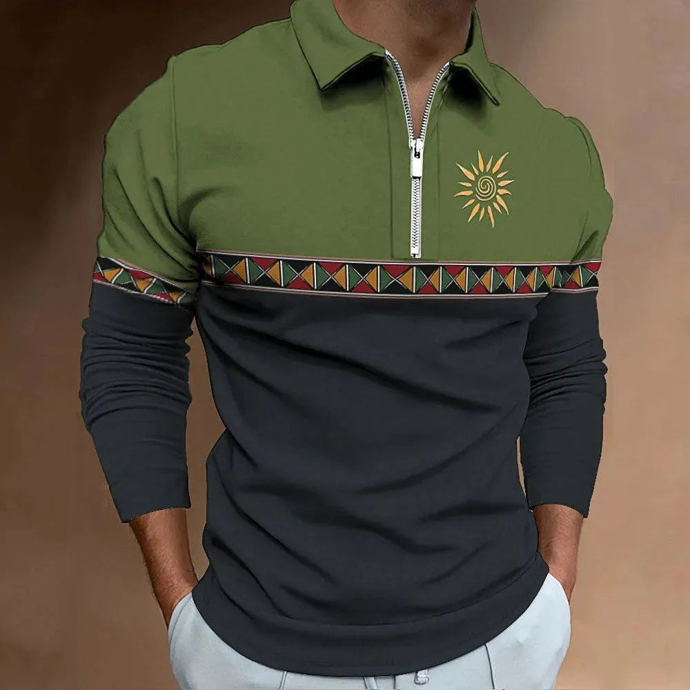 Men's loose fit long sleeve polo shirt with striped retro print and zipper details on sleeve.