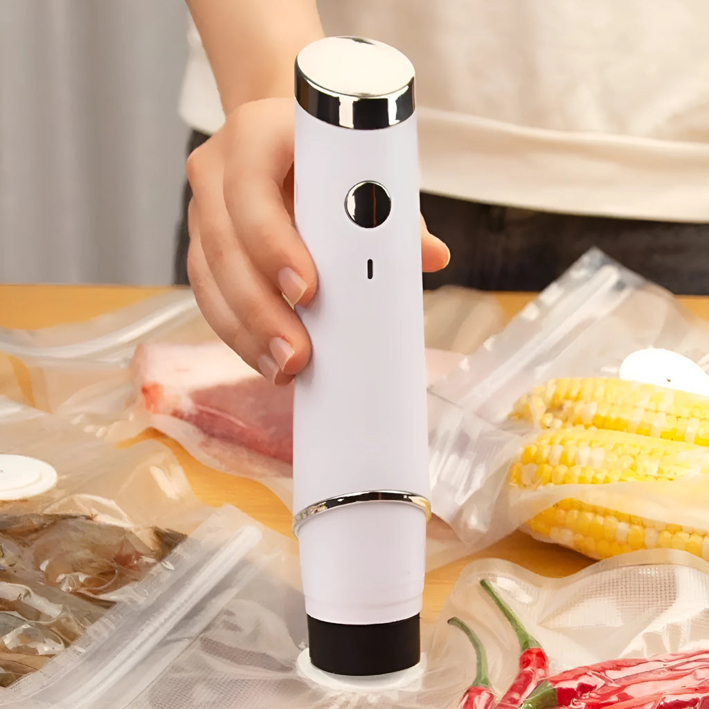 White USB electric suction pump with five 26x28cm plastic vacuum storage bags for food preservation