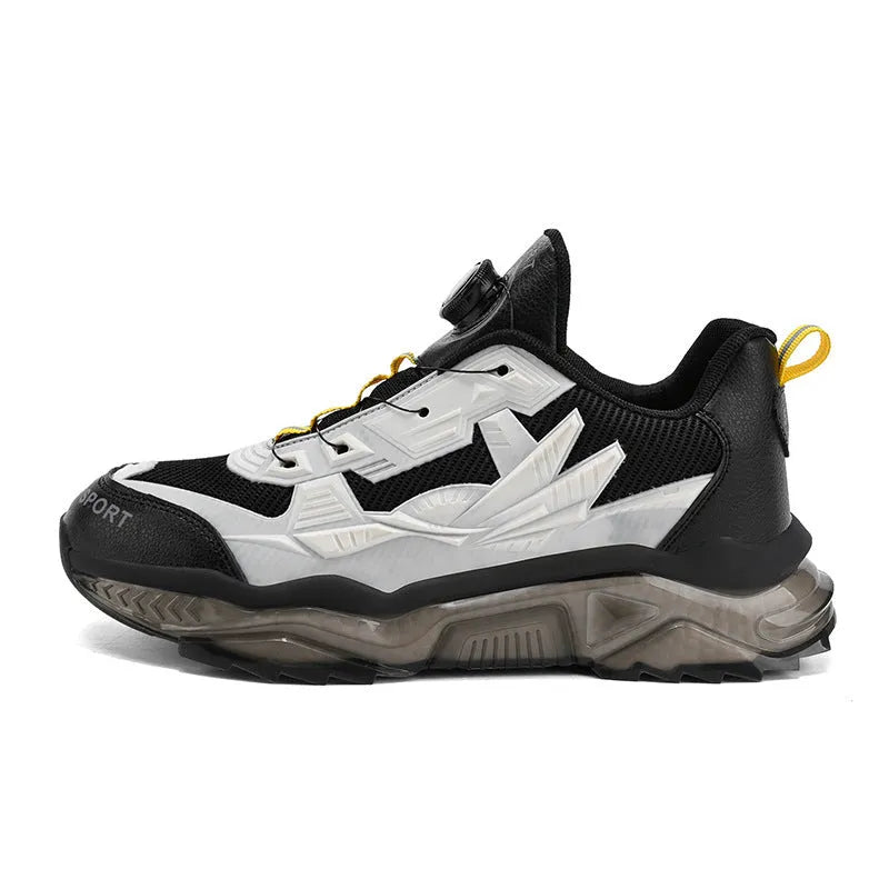 Men's black rotating button casual shoes with mesh upper and platform sole for height increase