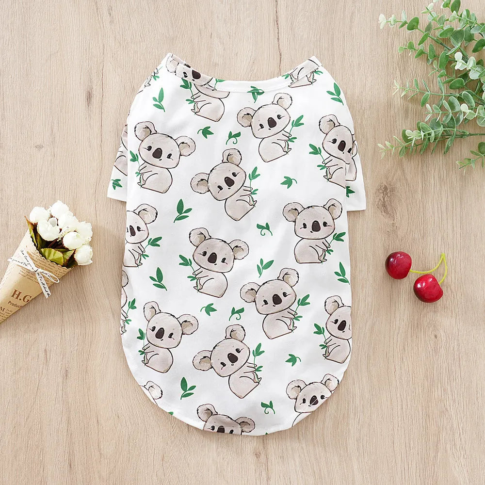 Printed casual T-shirt for small dogs in polyester fabric showing sizing chart with bust and length measurements