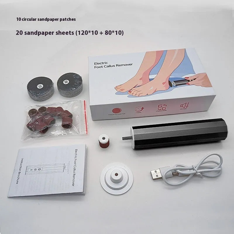USB-powered electric callus remover manicure set with grinding wheel patches in black, pink, or purple.