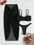 Women's multicolour three-piece bikini set with long culottes on a hanger, showing skirt, bra, and briefs.
