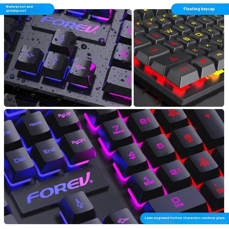 Black portable 104-key backlit gaming keyboard and mouse set on a desk.