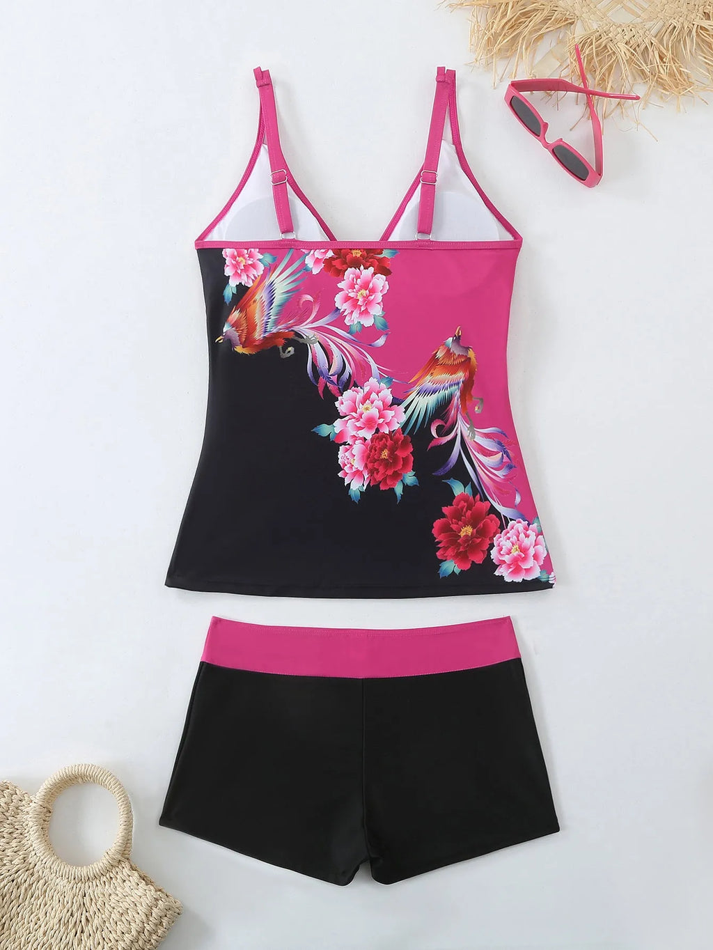 Women's plus size printed swimsuit and matching trunks set in black or rose red colour
