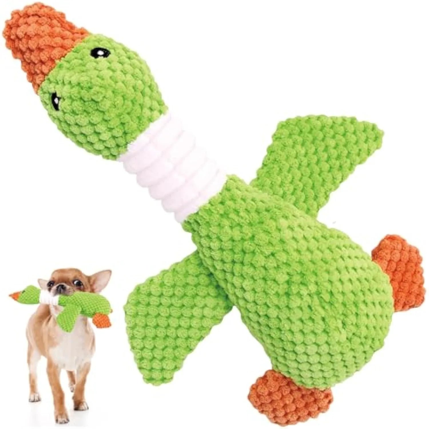 Blue duck plush dog toy with squeakers measuring 33cm long